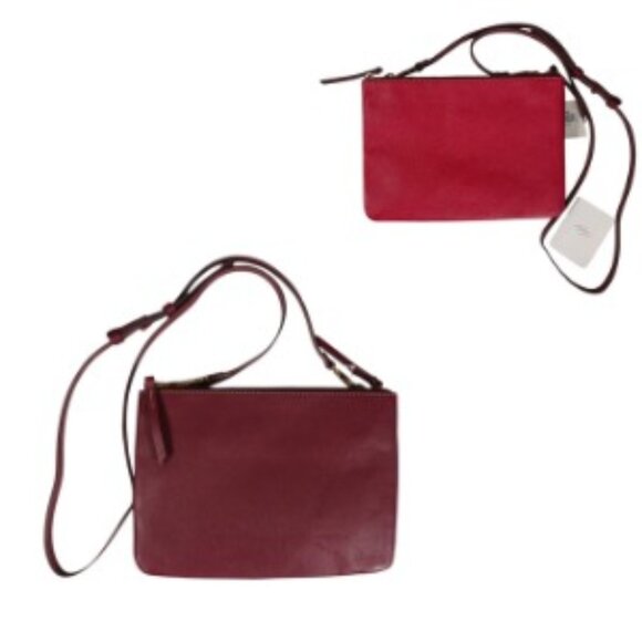 Fossil, NWT Devon Leather Crossbody, Red One Side/ Burgundy on Reverse, 10" X 7" - Picture 1 of 16
